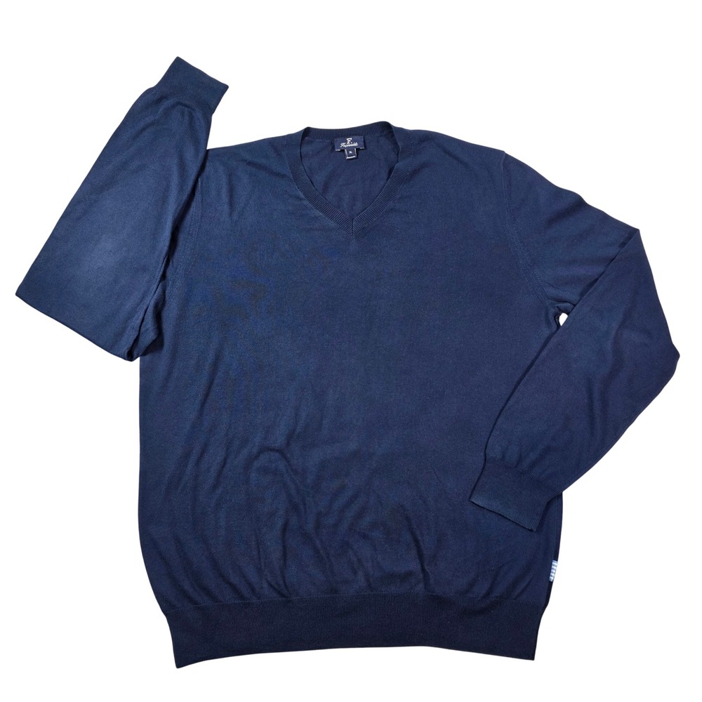 Faconnable 100% Cotton V-Neck Pullover Sweater Navy Blue XL Mens Classic Luxury